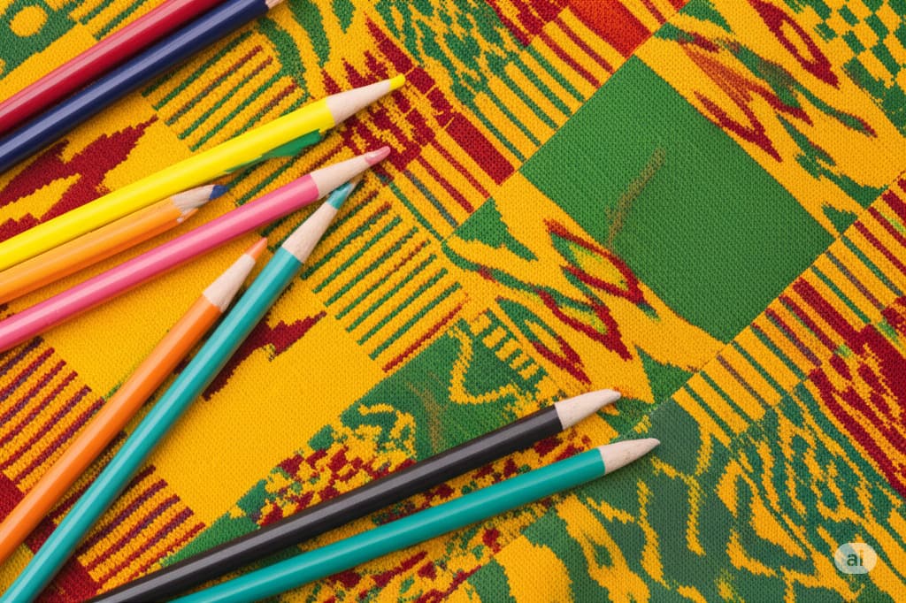 Students in traditional Ghanaian attire performing a dance